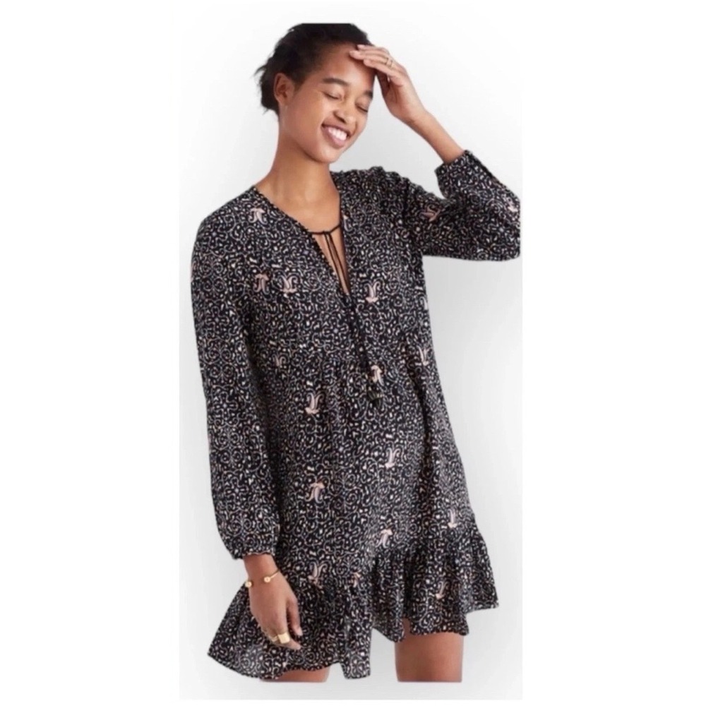Madewell 100% Silk Paisley Ruffle Hem Mini Dress Black Navy 00 Long Sleeve Tie V